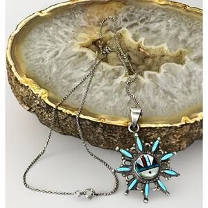 Zuni Sunface Sterling Silver Turquoise Inlay Pendant Necklace VTG Coral Opal Jet
